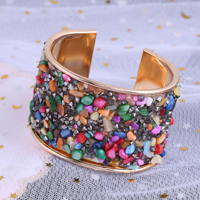 

Wholesale- fashion ins luxury designer geometric glittering sequins diamonds stones adjustable open wide cuff bangle bracelet for woman