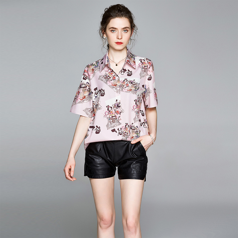 

Cartoon Chinese Printed Stylish Shirt Women Turn Down Collar Short Sleeve Chiffon Summer Blouse Plus Size Lady Pink Tops k3232, Picture color