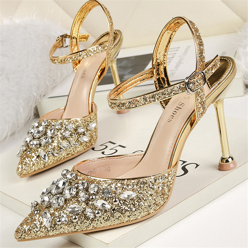 

2020 Women Summer 9.5cm High Heels Crystal Luxury Sandals Lady Silver Glitter Pumps Female Footwear Sequins Wedding Bridal Shoes, Black