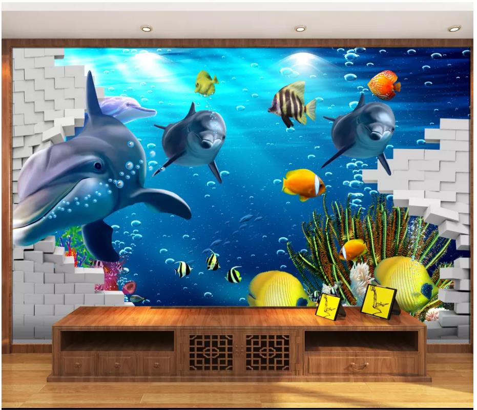 

Papel de parede Custom 3d photo murals wall paper Sea World Dolphin Children's Bedroom Living Room TV Sofa Background Wall Sticker, Custom any size