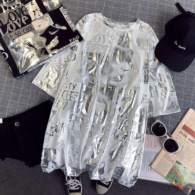 2019 T-shirt Femmes Brillant Lettres Argent Imprimé À Manches Courtes O-cou Mode Surdimensionné Casual Été Femme T-shirt Femmes Tops CC302 V20032