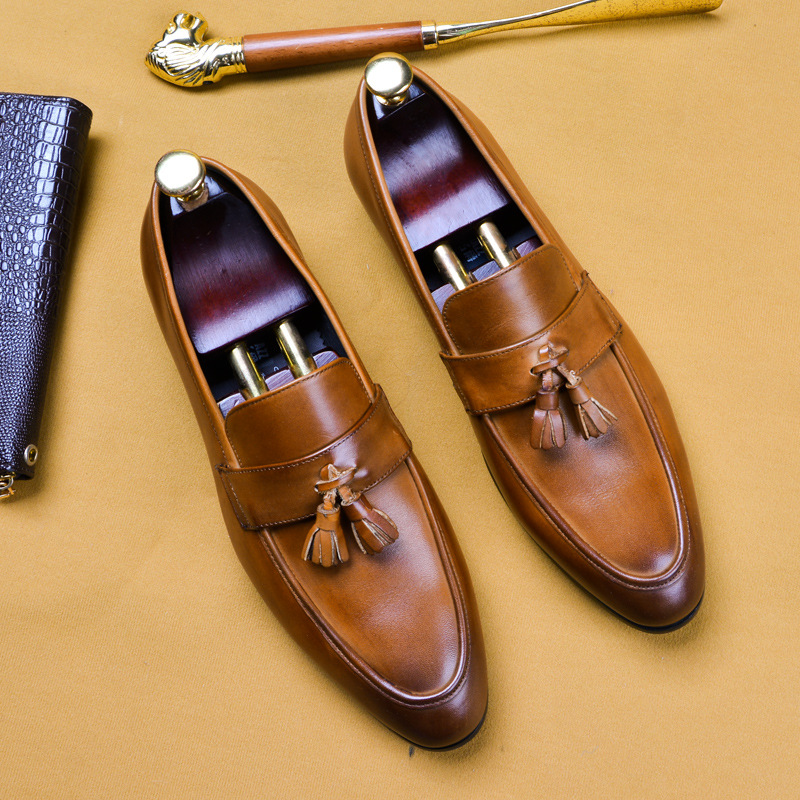 

Spring New Men's Dress Business Shoes Genuine Leather Full-Grain Leather Slip-on Formal Dress Single Shoes, Black