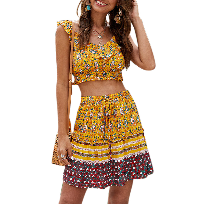 

Skirt Sets Women Two Pieces Sexy V Neck Ruffles Crop Bandage Skirt and Top Set Holidays Floral Printed 2PCS, Navy blue