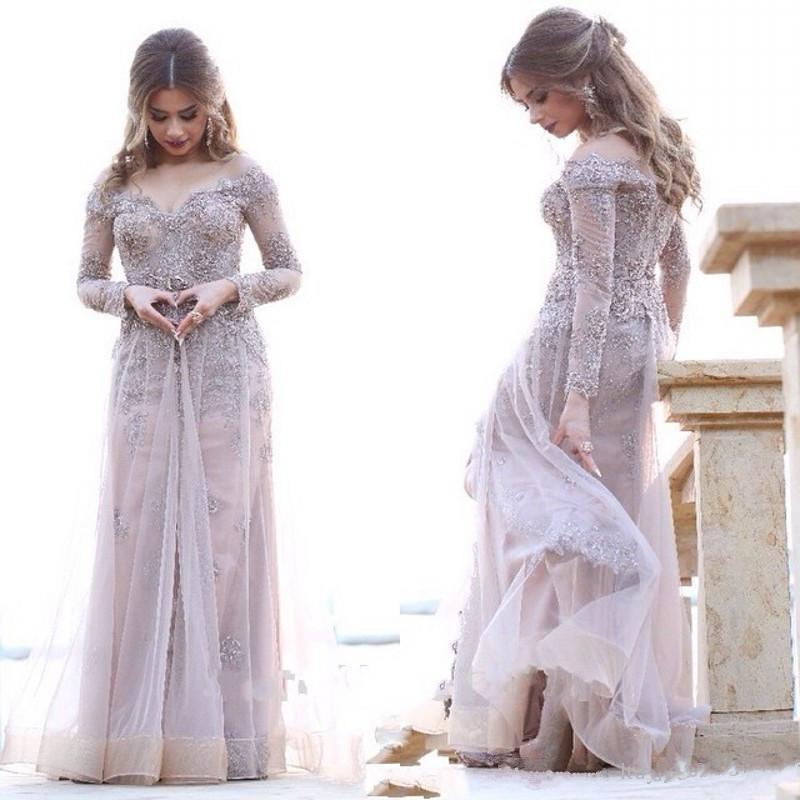 

2019 New Long Sleeves Arabic Prom Party Gown Muslim Women Gowns Dubai Kaftan Lace Crystal Beaded A-Line Evening Dresses, Grape