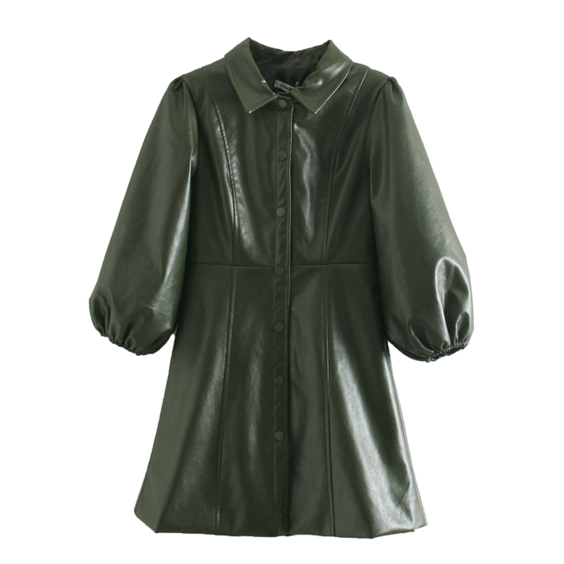 

Harada Turn Down Collar Dresses Women Fashion French Vintage PU Leather Dress Women Elegant Solid Mini Dresses Female Ladies KG, Lydr3034