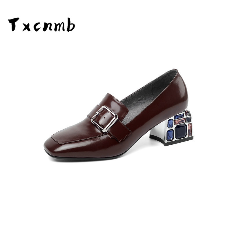 

Clearance Genuine Leather Women Shoes Spring Round Toe Sqaure High Heel Pumps 5.5cm Heel Party Ladies Shoes, Black
