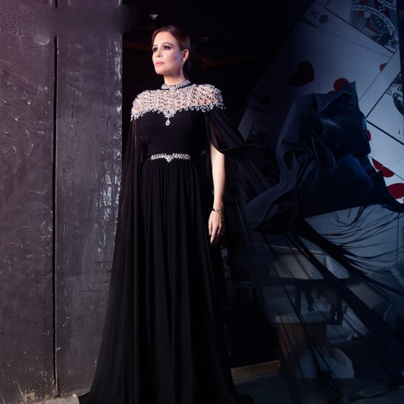 

Black Arabic Moroccan Evening Dresses Party Celebrity Chiffon Crystal Dubai Caftans Formal Gowns 2020 Cape, Chocolate