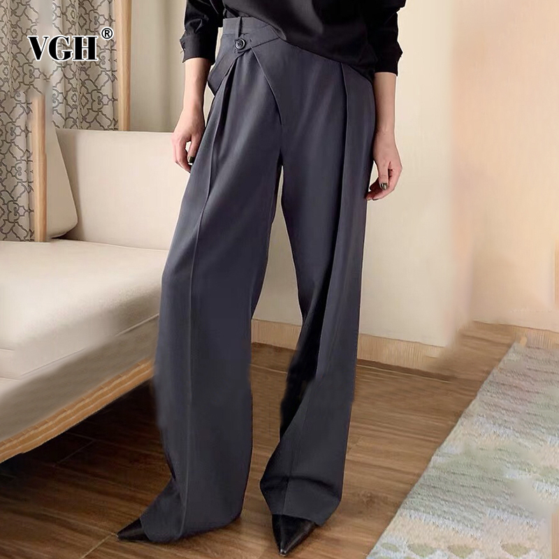 

VGH Casual Loose Full Length Women Suit Pants High Wiast Irregular Pleated Straight Wide Leg Pant For Female Clothing 2020 Tide, Black