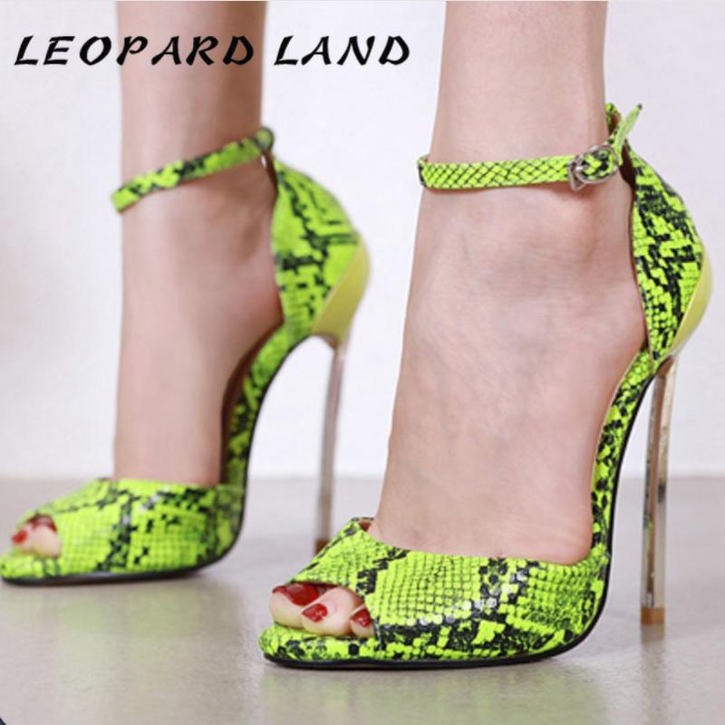 

LEOPARD LAND 2020 Large Size Shoes Stiletto Peep-Toe Buckle Serpentine Sandals Green Leopard Heels Fish Toe Sexy Sandals CWF, Black