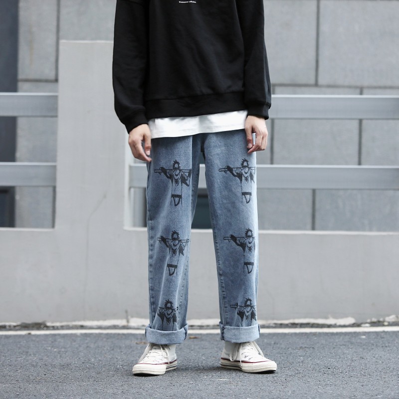 

2019 Men' Flower Printing Wide Leg Pants Baggy Homme Classic Cargo Pocket Jeans Blue Casual Pants Biker Denim Trousers -2XL