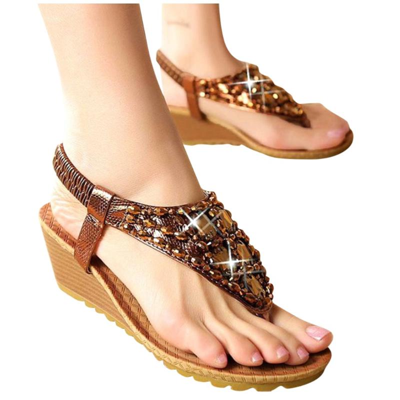 

SAGACE Sandals Women Elegant Bling Crystal Wedged Heel Beach Shoes Women's Sandals Footwear For Summer Elastic Mujer, Coffee
