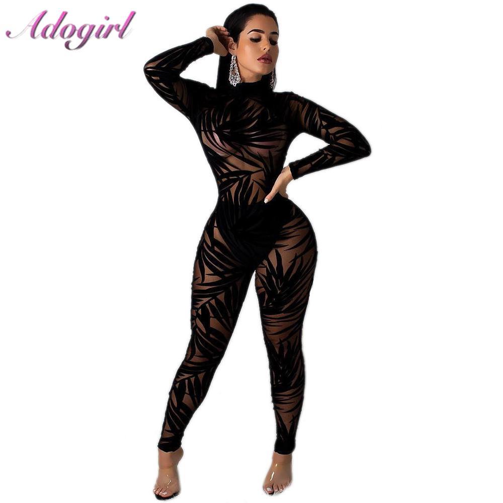 

Sexy Night Party Club Black Lace Sheer Mesh Jumpsuit Women Casual Bamboo Leaf O Neck Long Sleeve Bodycon Rompers Female Overalls V200325, Black jumpsuit