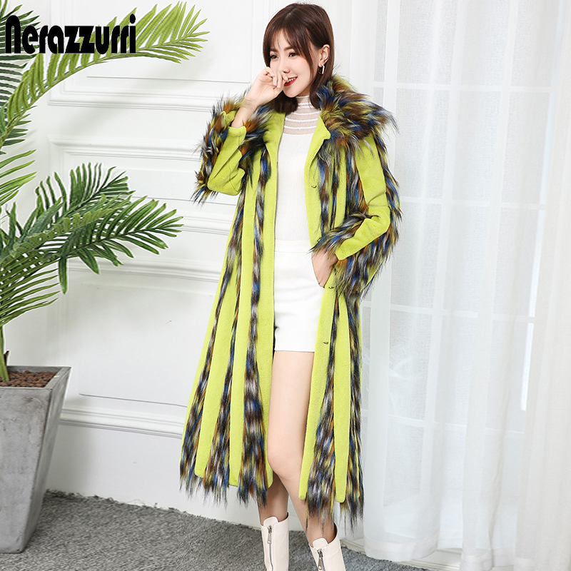 

Nerazzurrti 2019 runway womens fashion faux fur coats long sleeve multi color streetwear vintage plus size winter clothes women, Turquoise