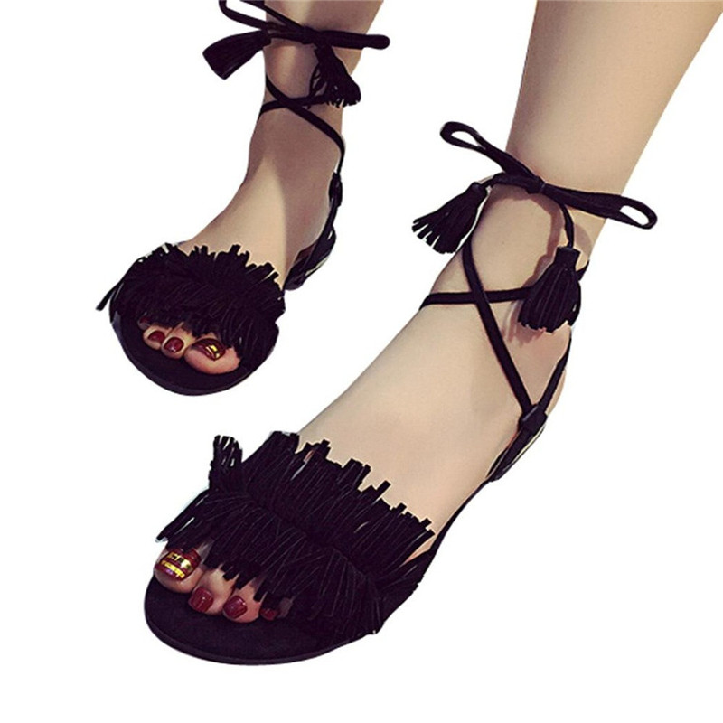 

Fashion Women Tassel Flat Summer Sandals Women Flats Ladies Shoes Woman Ankle Strap Wedding Chaussure Femme, Green