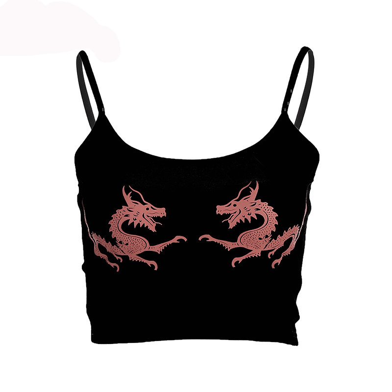 

Women Cropped Dragon Print Cami Summer Sexy Black Spaghetti Strap Backless Crop Top 2018 Streetwear Bralet Tops Women