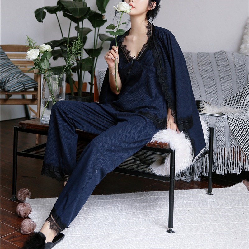 

New Fashion Women Patchwork Lace Three Piece Sleepwear V-Neck Long Sleeve Sashes Pajama Sets