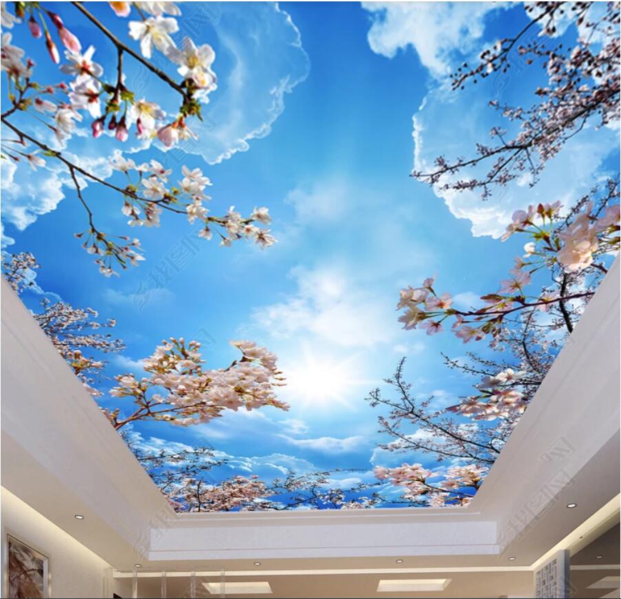 

3d ceiling murals wallpaper custom photo non-woven wall murals Blue sky, white clouds, cherry blossom, ceiling, zenith mural, Sky blue