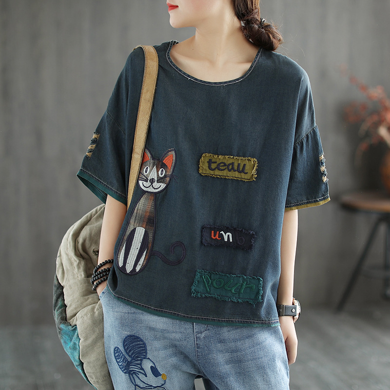 

Summer literary new cartoon patch embroidery short jacket casual loose Tencel denim short-sleeved T-shirt 2020, Dark grey
