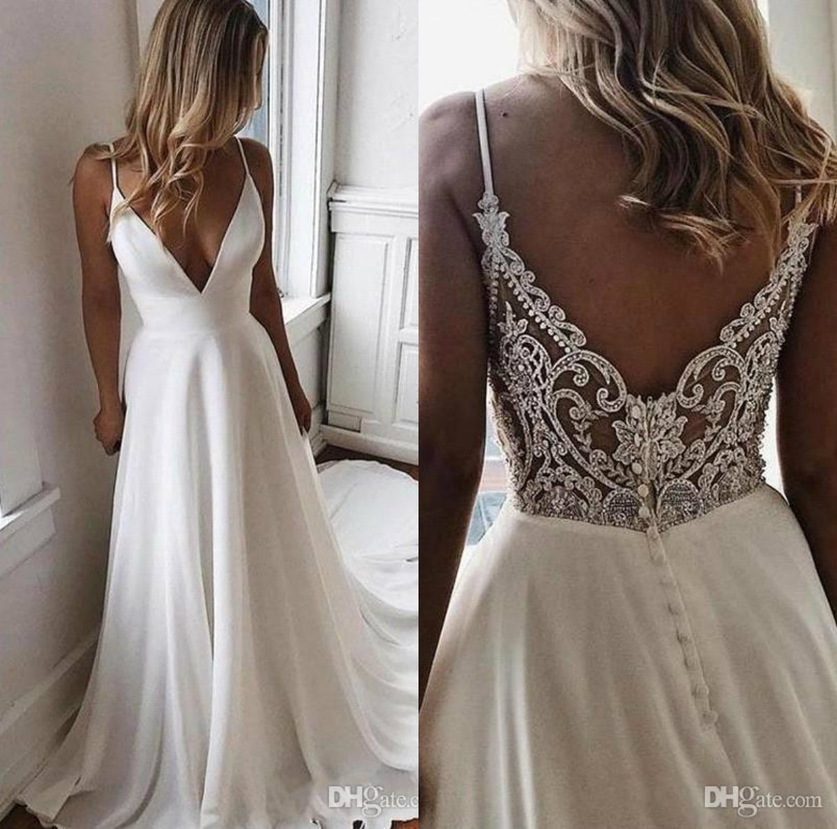 

2020 A Line Beach Wedding Dresses Spaghetti Straps Delicate Lace Back With Beading Buttons Simple Summer Bridal Gown Plus Size Wedding Dress, Grape