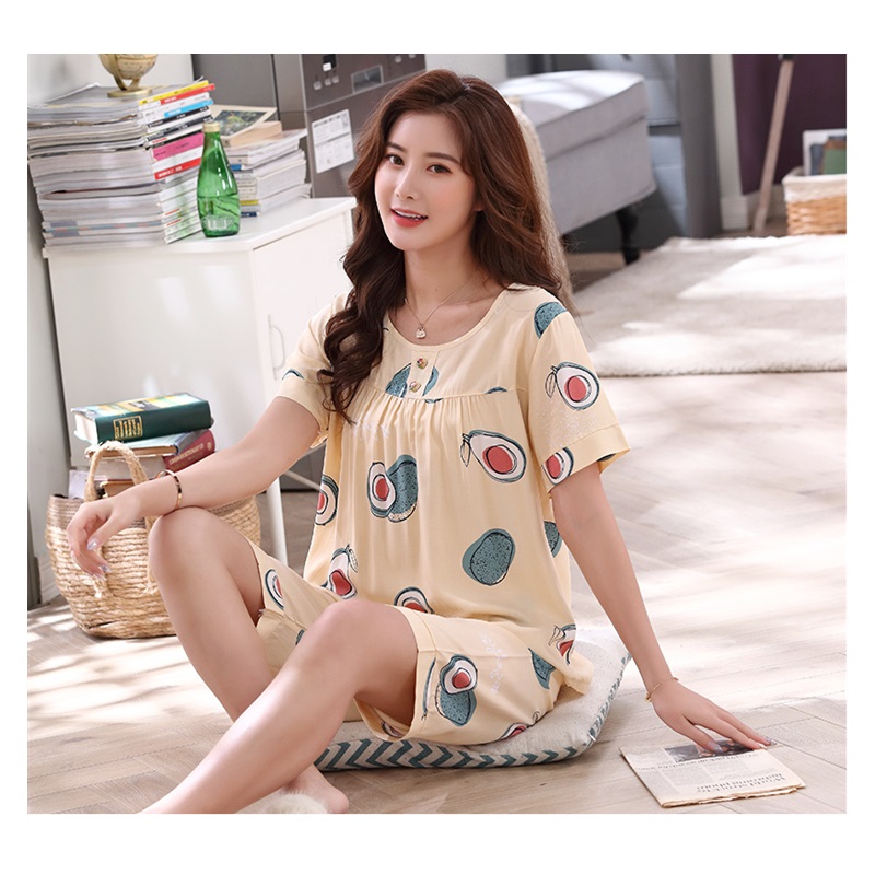 

Big Yards Summer New Women O-Neck Avocado Printed Pajamas Set Ladies Comfort Style Sleepwear Loose Soft Casual Wear Homewear, Xnf143