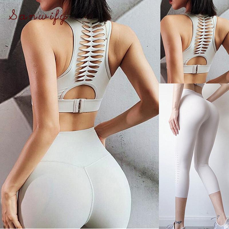 

Solid 2 Piece Hollow Out Yoga Set Women Workout Gym Clothing Sport Fitness Leggings Running Ladies Suit, Cb259 pink bra