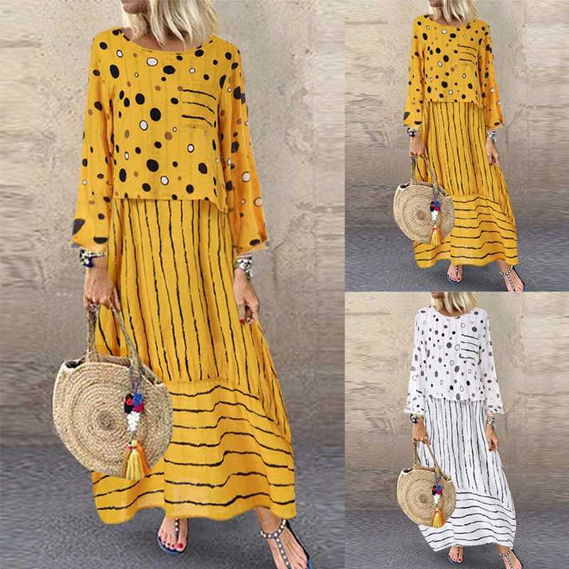 Echoine femmes longues maxi robes à pois grand lâche faux deux pièces coton lin robe automne grande taille robe d'été femme tissu