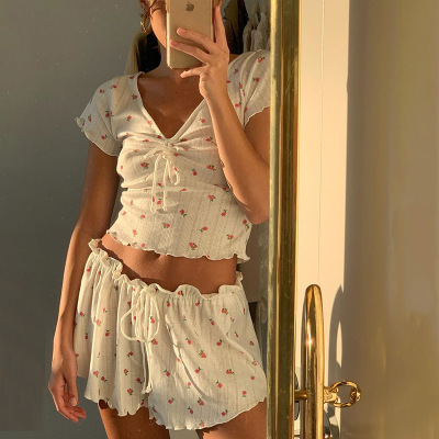 

Womens Clothing 2 Piece Set Summer New Short-sleeved Shirt Straps Waist Loose Shorts Suit Women Fashion Sexy Sleepwear Wholesale