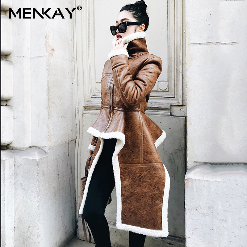 

[MENKAY] Irregular Leather Jacket Plus Size Winter Long Faux Fur Coat Women Korean Fashion Clothing CJ191128, Ca me l
