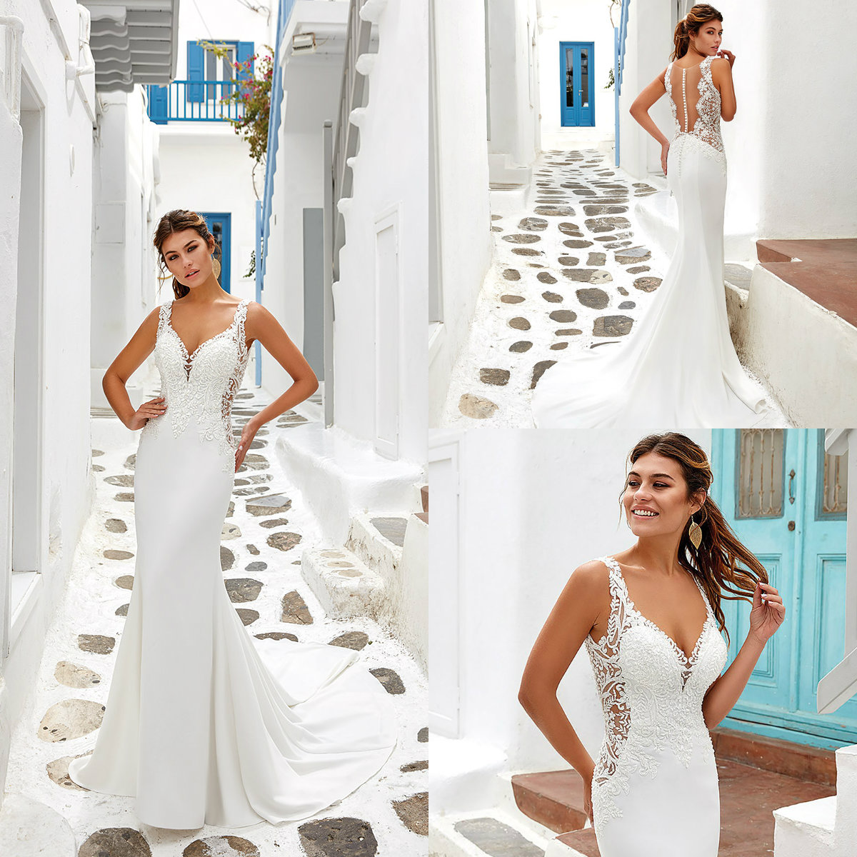 

Eddy K Mermaid Wedding Dresses 2019 V Neck Lace Appliques Sexy Back Beach Wedding Gowns Sweep Train Satin Bridal Dress robes de mariée, Light yellow