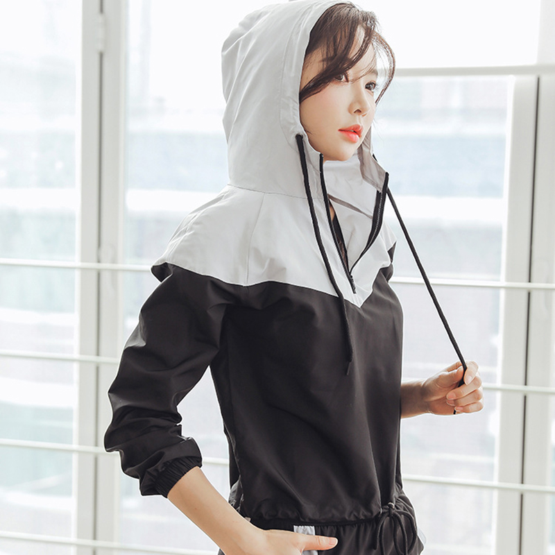 

Running Jacket Women Hooded Zipper Color Patchwork Women Sport Jacket Half Zipper Training Fitness Coat Sun Protection Tops, Black
