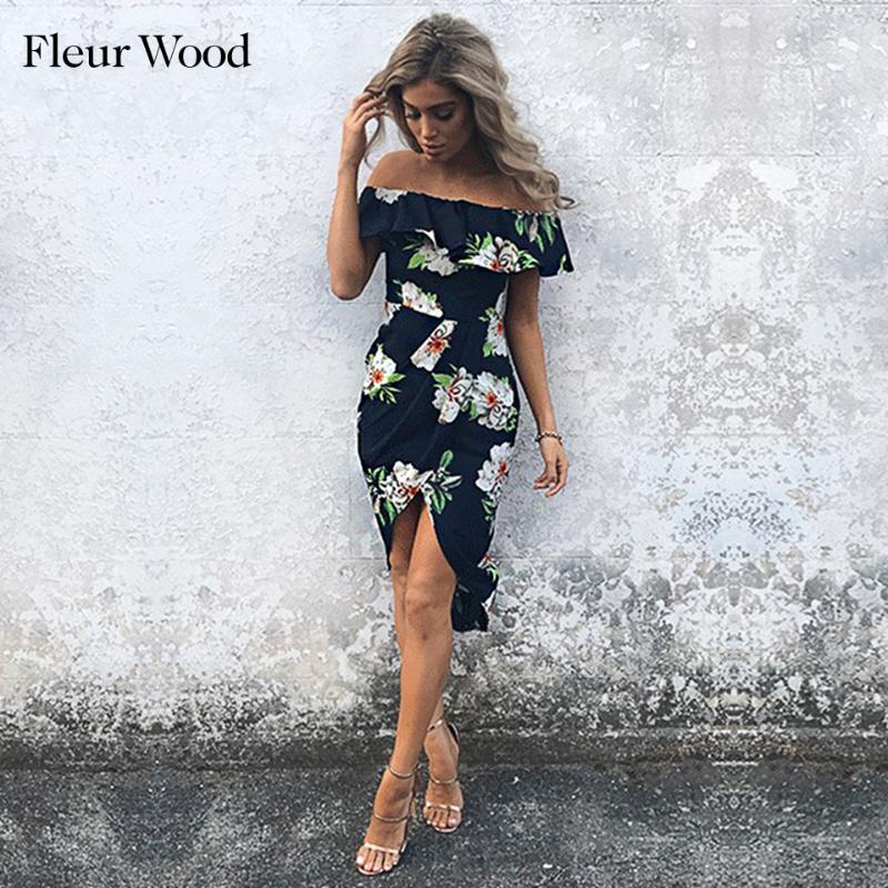 

Fleur Wood Women Dress 2020 Summer Sexy Off Shoulder Floral Print Chiffon Dress Boho Style Short Party Beach Vestidos de fiesta, White