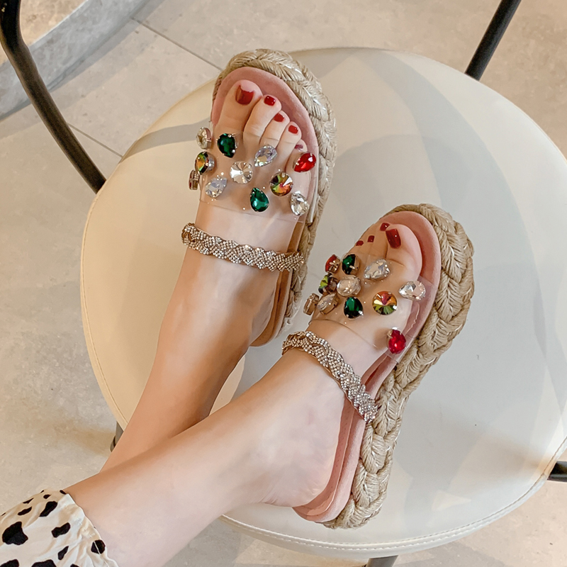 

Fashion waterproof platform thick bottom sandals rhinestone color handmade straw wedge heel beach shoes banquet women's shoes, Apricot