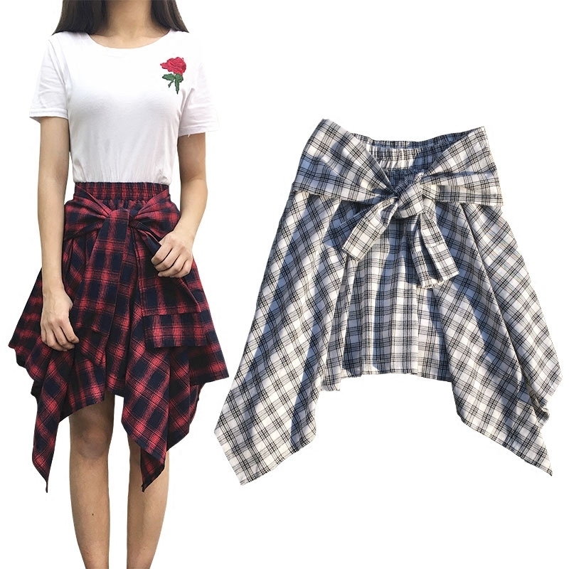 

Women Skirts Summer Ulzzang Girlfriends Elastic Waist Irregular Plaid Skirt Lace Up Bow Femme Wild High Waist Skirts MZ2478, Blue
