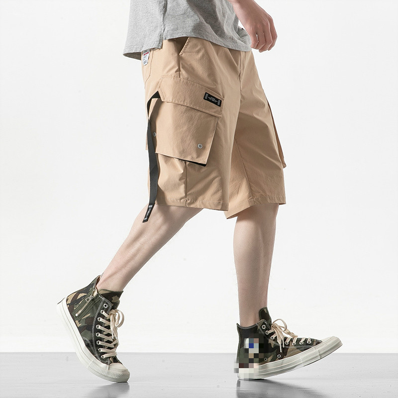 

Januarysnow Summer Streetwear Cargo Shorts Men Casual Cotton Mens Shorts Knee Length Ribbons Hip Hop Pockets Beach Man Shorts Bermuda, Khaki