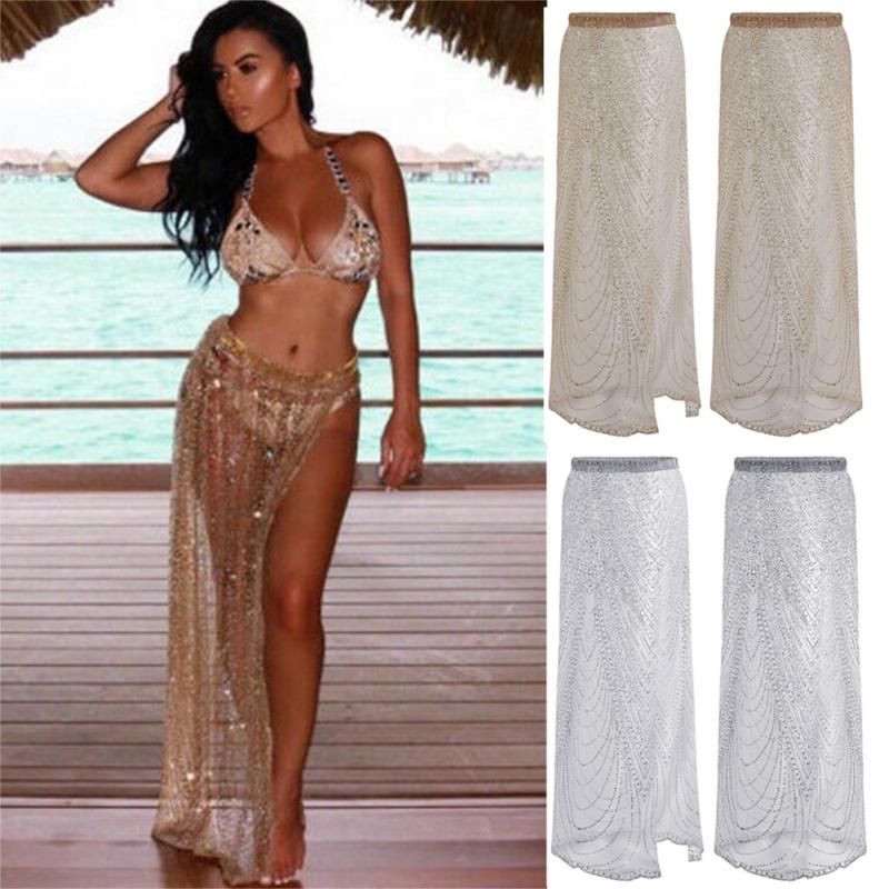

Stage Wear Sexy Women Belly Dancing Skirt Long Shiny Rhinestone Chain Sequin Wrap Sarong High Waist Split Transparent Skirt#2, Gold