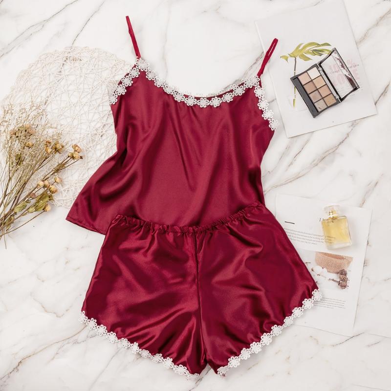 

2020 Contrast Side Red Cami Top Satin Shorts Suits Female Summer Home Clothes Women Pajama Set Sexy Sleepwear Droship