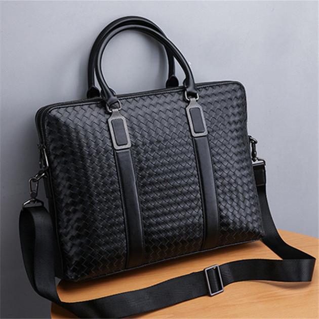 

Factory wholesale men bag Yinglunfeng hand woven leather business briefcase horizontal multi functional leatheres handbag head layer leathers wovens mens bags, Black