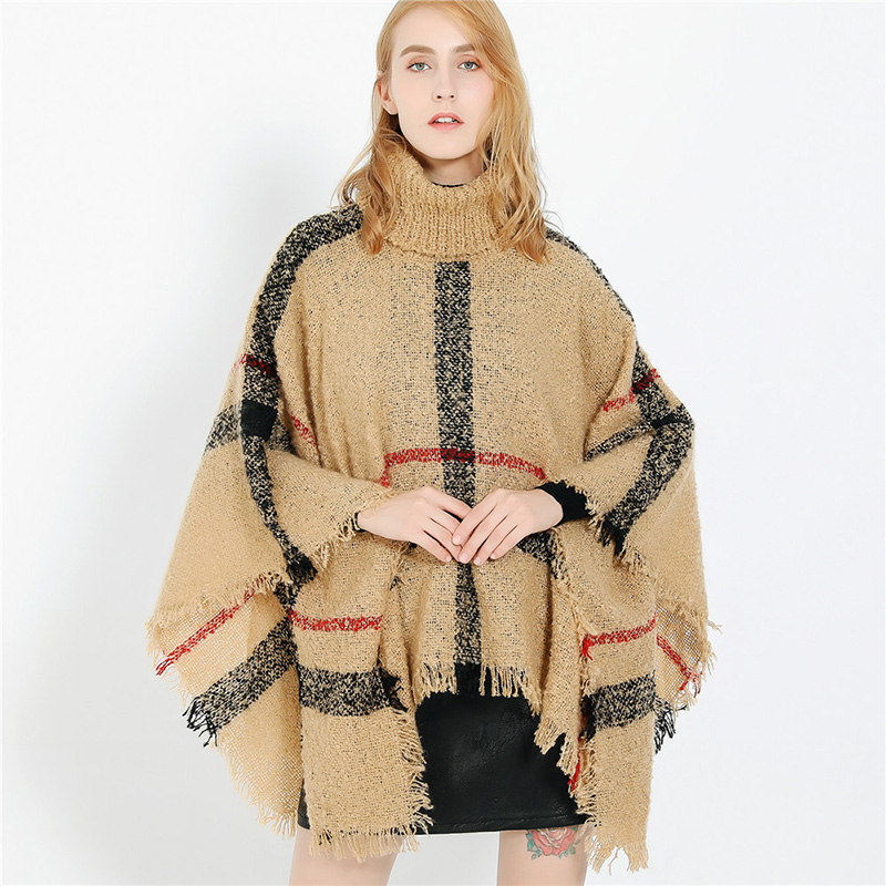 

Women Plaid Cloak Autumn Winter Shawl High Collar Sweater Scarf Batwing Tassels Poncho For Girl knitted cape outwear LJJA2978, Opp bag;not product