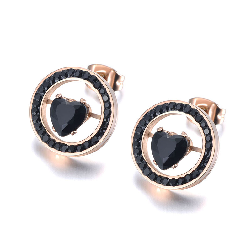 

Stud Stainless Steel White & Black Clay Rhinestone Earrings For Women Rose Gold Heart CZ Crystal Christmas Gift JE19028