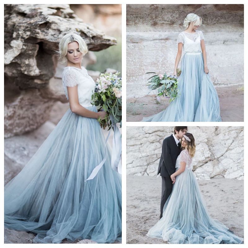 

Exquisite White Dusty Blue Wedding Dress Set with Magic Tulle Skirt Rustic Trendy Wedding Gown Lace Top Sophisticated Two Piece Bridal Gown