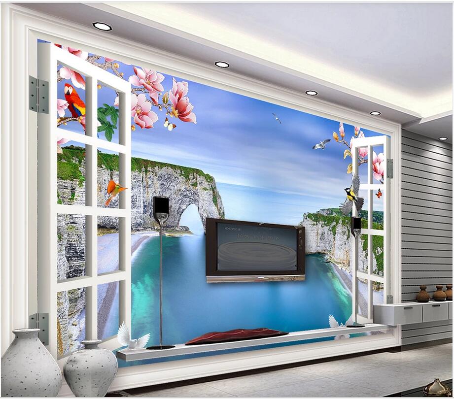 

custom photo 3d wallpaperThe window outside the sea scenery magnolia bird TV sofa background wall art picture wallpaper mural for walls 3 d, Non-woven wallpaper