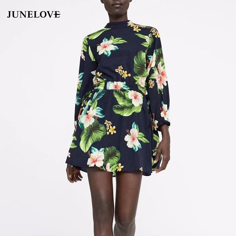 

JuneLove Women Spring Long Sleeve Loose Playsuits Vintage Print Floral Female Retro Playsuits Casual Holiday Lady Beach Rompers, As picture