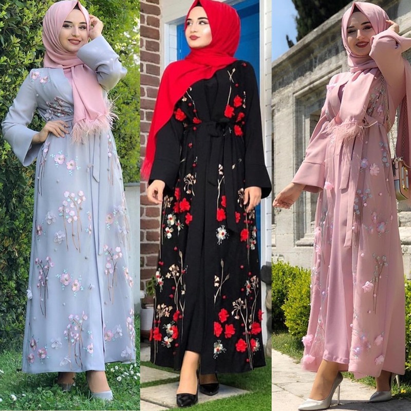 

3D Flower Embroidery Abaya Dress Middle East Turkish Dubai Fashion Jubah & Kimonos Sweet Pink Blue Muslim Arabian Wears