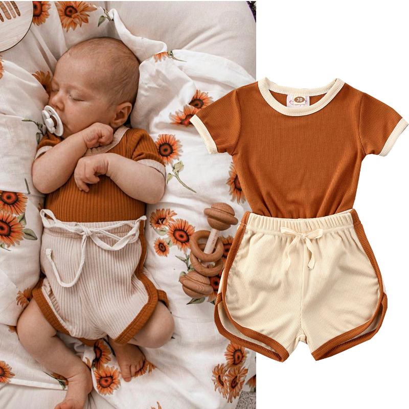 

Summer Newborn Infant Baby Boys Clothes Set Cotton Striped Short Sleeve Bodysuit Tops+Shorts Pants 2PCS Little Baby Outfits, Brown