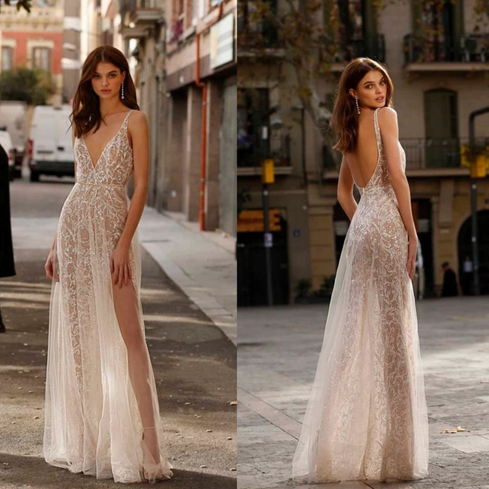 

Jolie 2021 Wedding Dresses Sexy V Neck Split Lace Appliques Bridal Gowns Custom Made Backless Floor Length A-Line Wedding Dress, Ivory