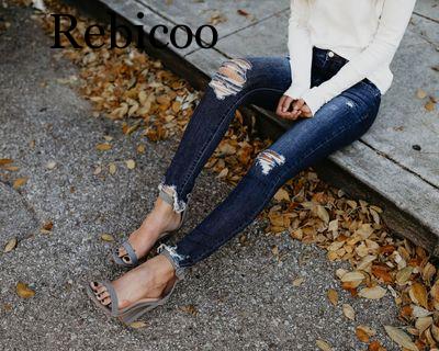 

Ripped Hole Cotton Denim Jeans Women Stretch Skinny Pencil Pants Elastic Sexy Jean Trousers, Blue