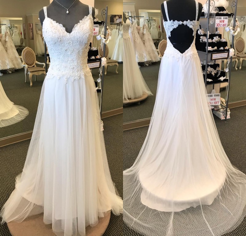 

Bohemian A Line Luxury Wedding Dresses Tulle Lace Crystal Sequins Beads Formal Dress Spaghetti Hollow Sweep Train Bridal Gowns, Beige