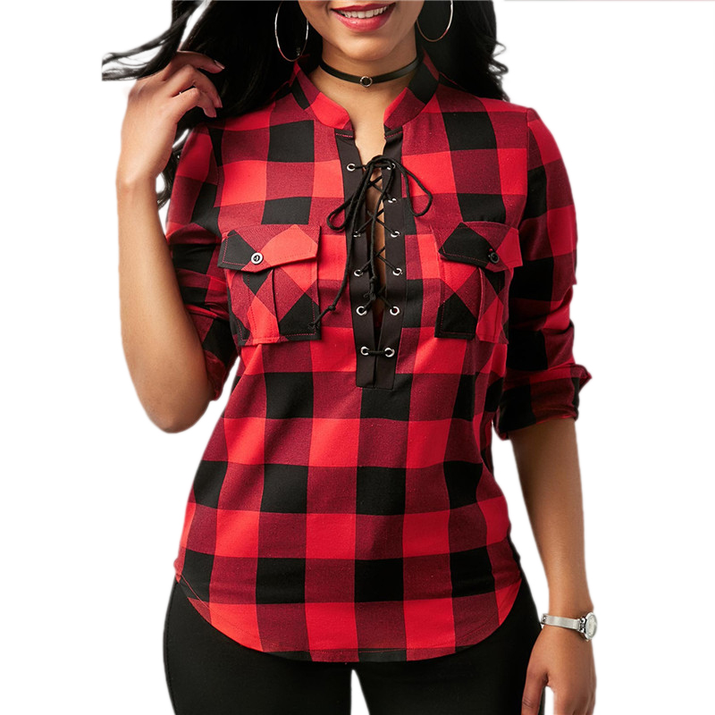 

Plaid Plus Size Shirts For Women 2019 Spring Long Sleeve Stand Collar Blouses Shirt Office Lady Cotton Lace Up Tunic Casual Tops