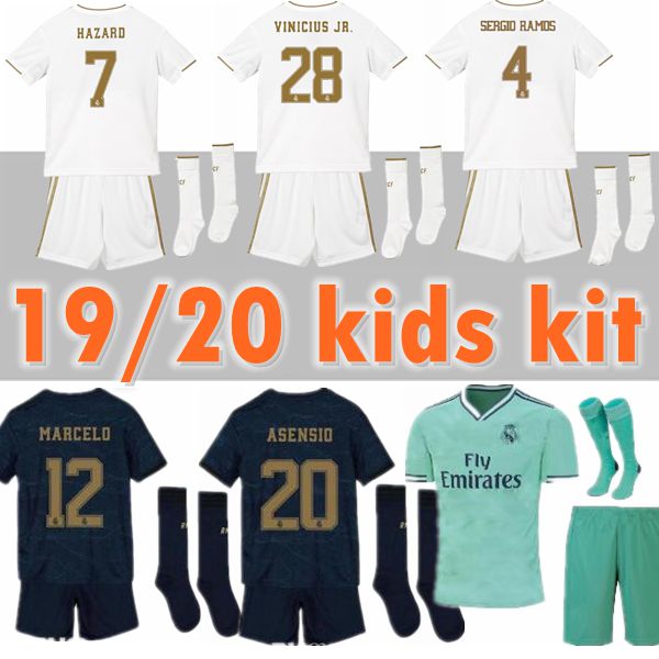 

2019 Kids Kit real Madrid soccer Jerseys HAZARD BENZEMA 19 20 Real Boy Soccer shirts Child set customized football uniforms +pants And socks, Red