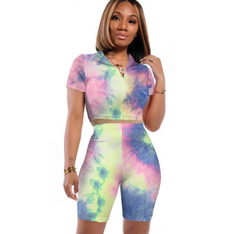 

2020 New Women Two Pieces Sets Summer Tracksuits tie-dye Print Zipper Tops+Jogger Shorts Sexy Suit Sporty Fitness Outfit #84